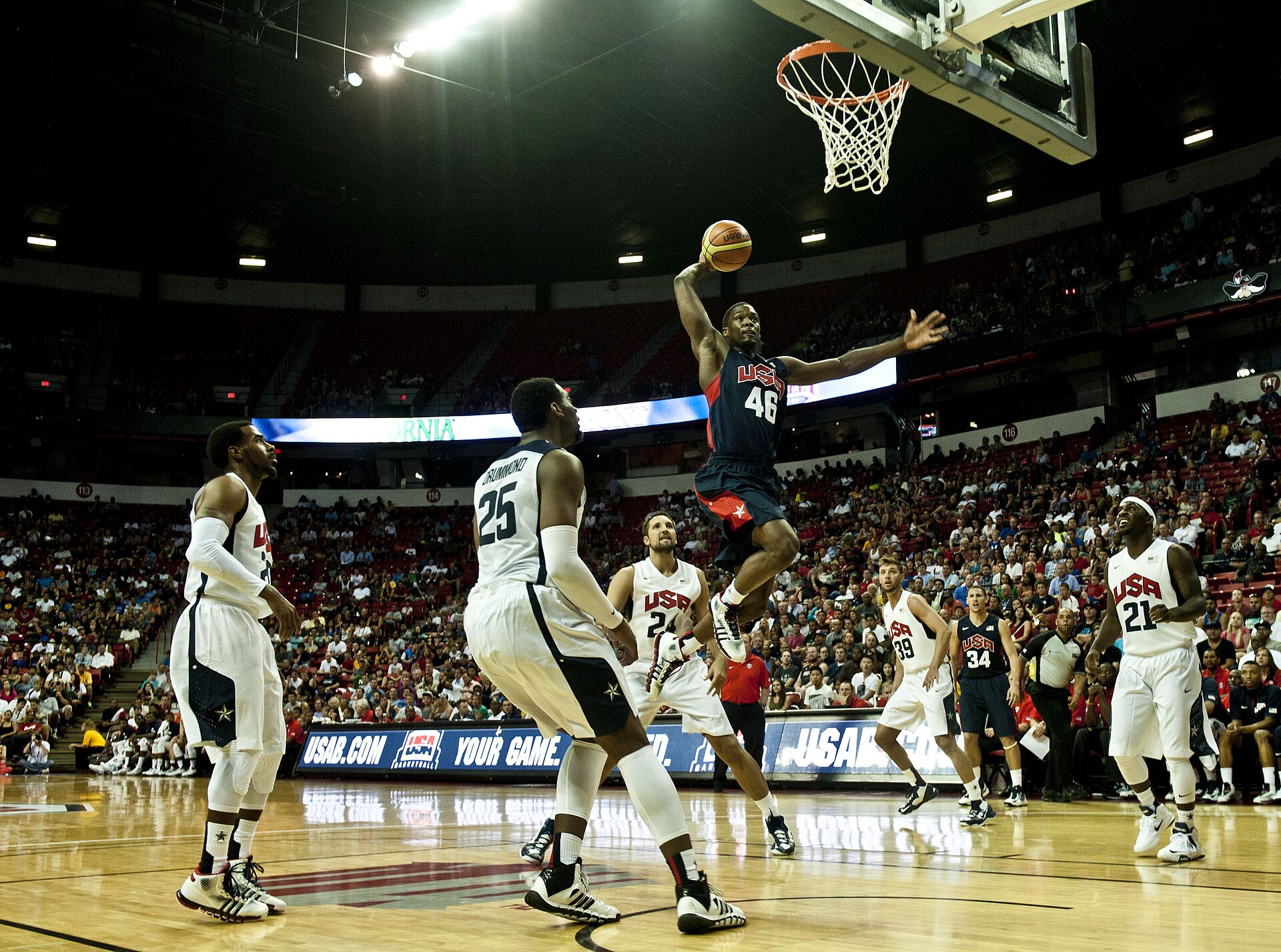 Harrison Barnes rising for a dunk during a USA Basketball exhibition game in Las Vegas