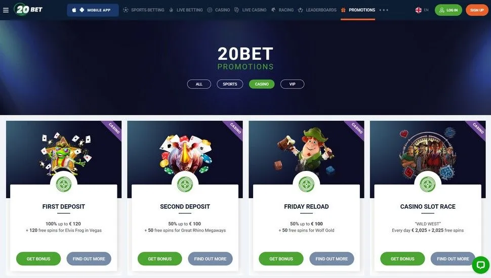 20Bet casino bonus page