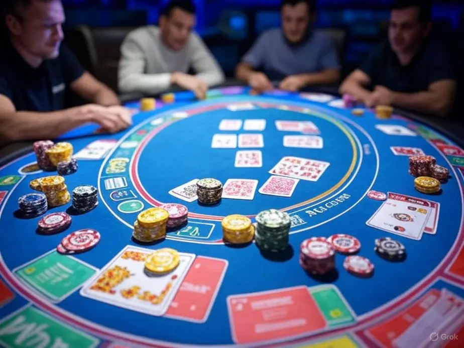 A digital poker table showcasing a Royal Flush and illustrating essential poker hand rankings and betting mechanics.