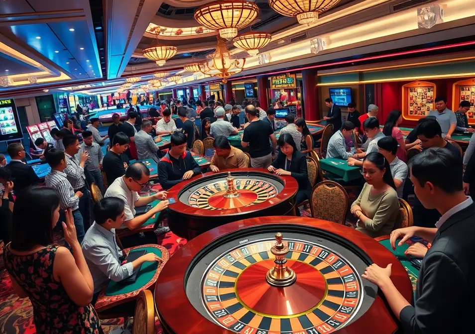 A roulette wheel in action in a vibrant Asian casino environment.