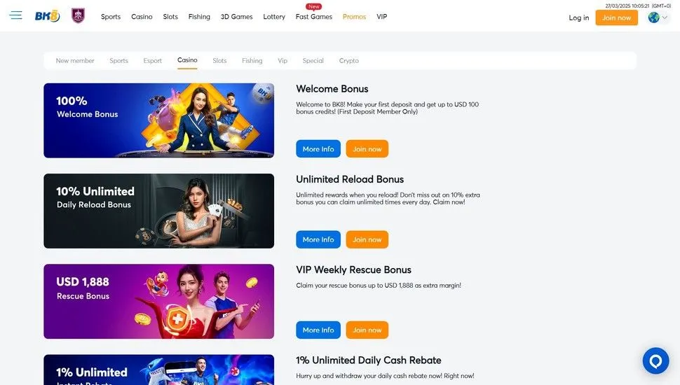 BK8 casino bonus page
