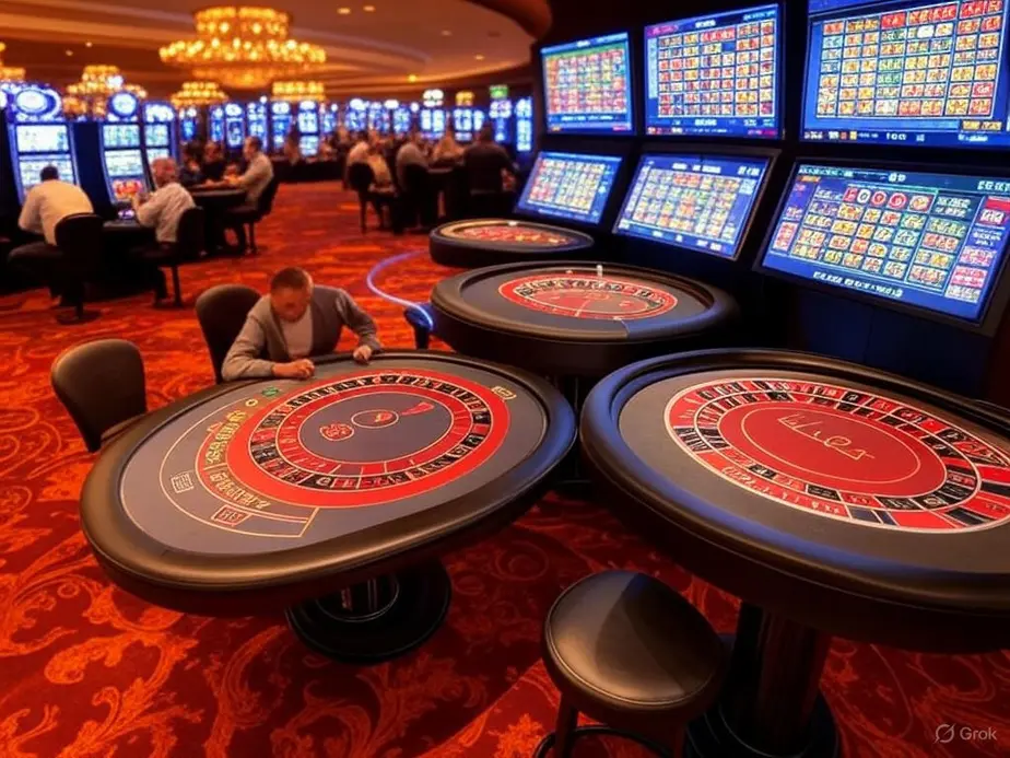 A lively casino floor showcasing traditional gambling games like slots, blackjack, roulette, and poker in an immersive setting.