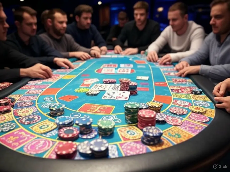 A digital poker table showcasing a Royal Flush and illustrating essential poker hand rankings and betting mechanics.