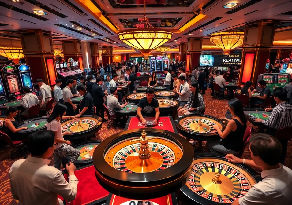 A roulette wheel in action in a vibrant Asian casino environment.