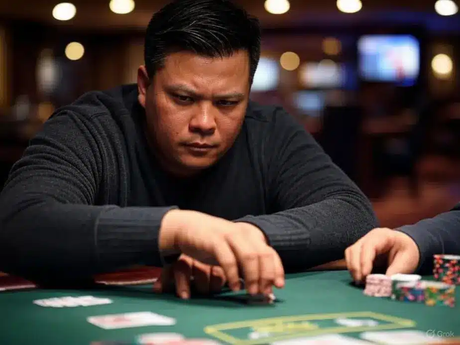 A player analyzes their hand, employing optimal strategy in Three Card Poker.