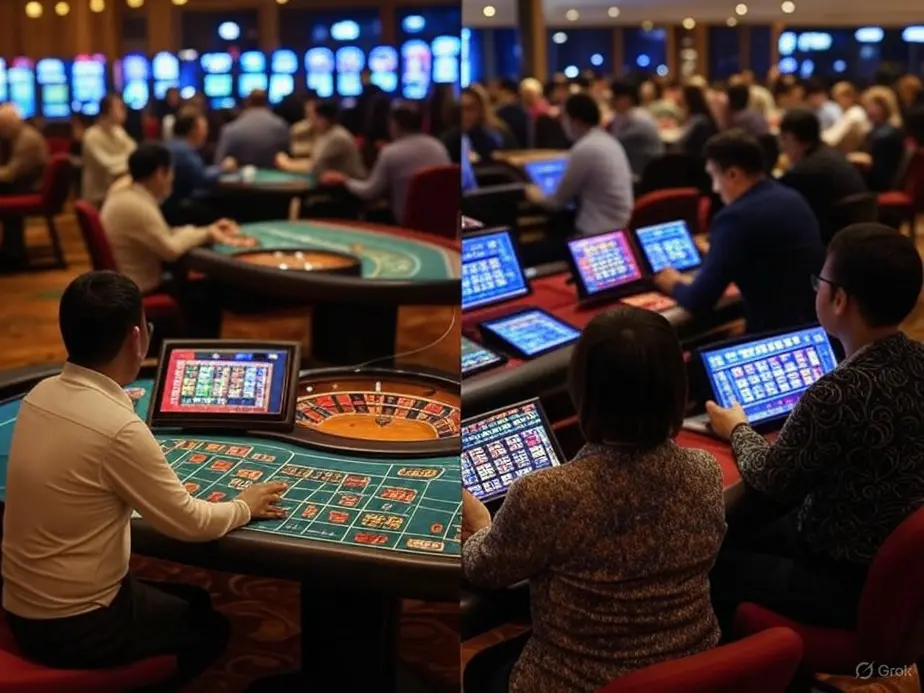 A lively casino floor showcasing traditional gambling games like slots, blackjack, roulette, and poker in an immersive setting.