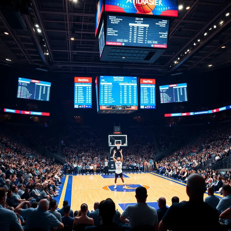 Bettors analyzing basketball odds on a court to visualize betting strategies.