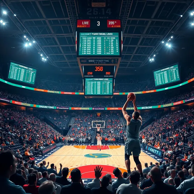 Bettors analyzing basketball odds on a court to visualize betting strategies.