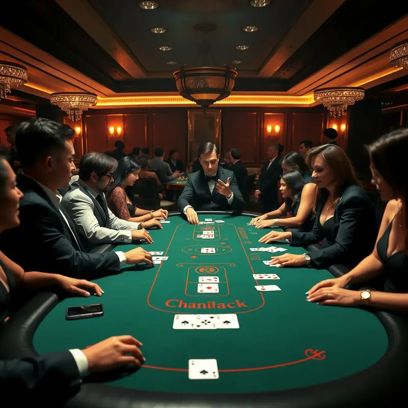 The setup of a blackjack game in a high-class casino environment, showing the essential elements.
