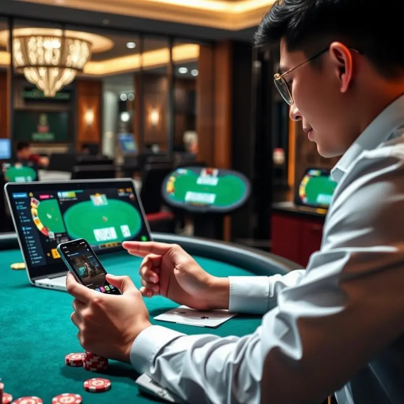 An Asian gambler navigates a secure, licensed online blackjack platform with visible technology and legal safety features.