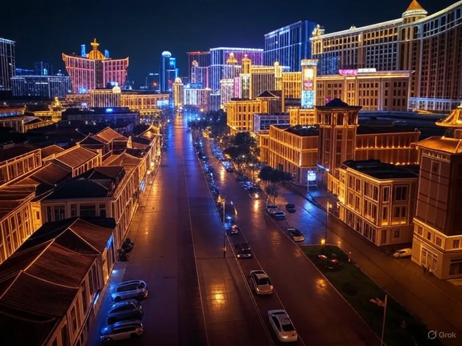 The dazzling economic landscape of casino markets like Macau at night.