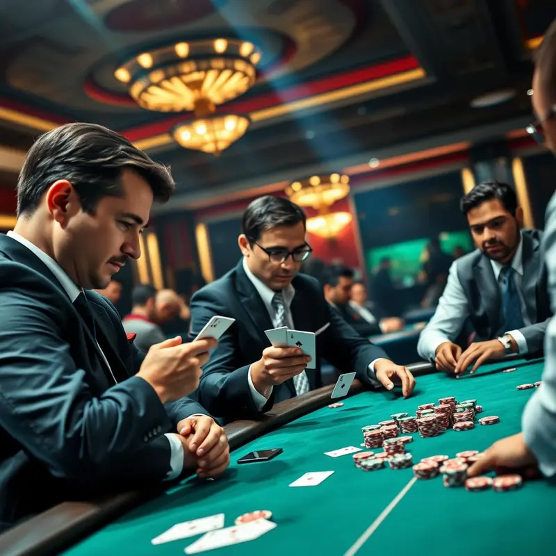 Players and dealer in a professional casino setting, exemplifying the setup and flow of a poker game.