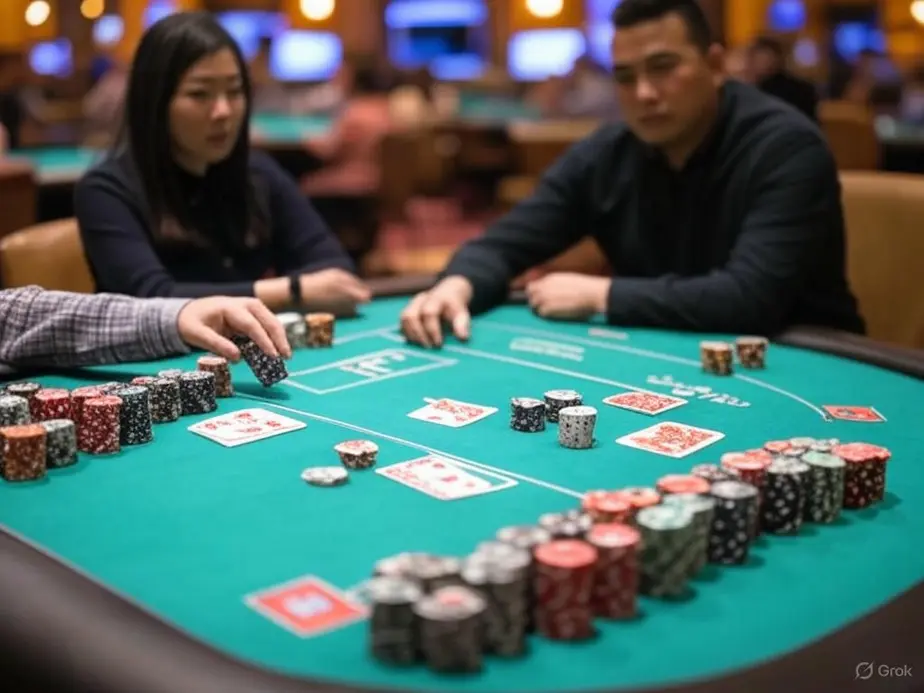 A lively Three Card Poker table complete with players, cards, and vibrant chips.