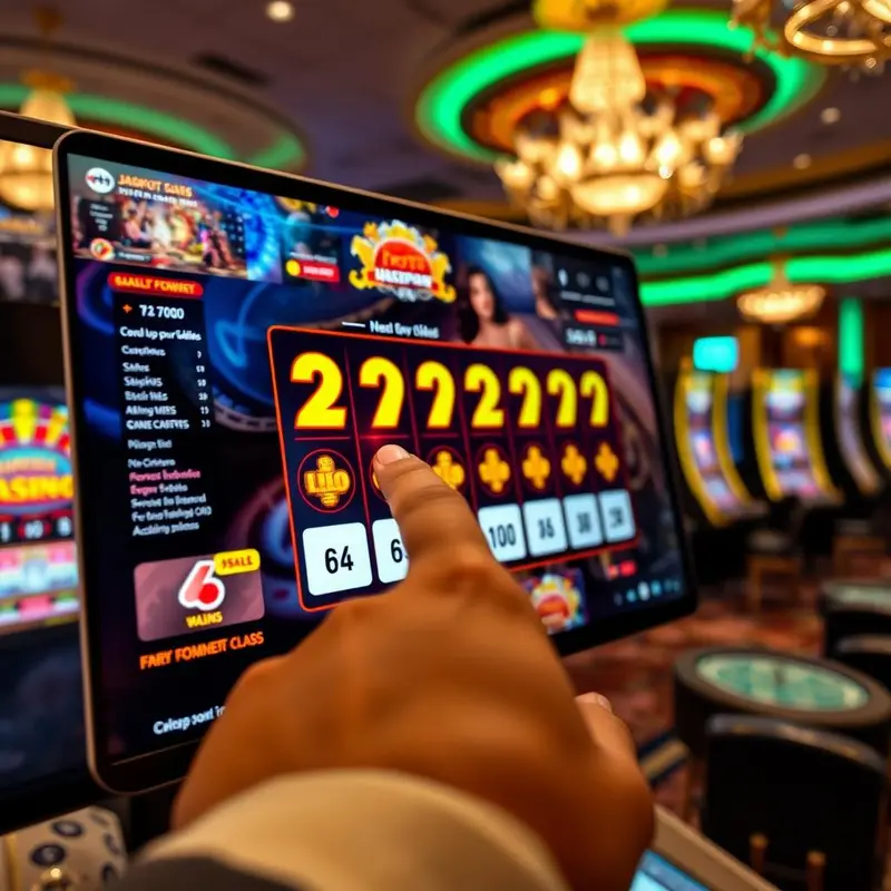 Players engage with digital ticket purchases amidst an online casino atmosphere, showcasing the allure of lottery games anytime, anywhere.
