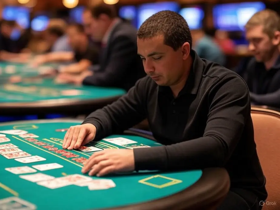 A lively Three Card Poker table complete with players, cards, and vibrant chips.