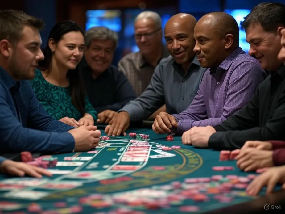 A high-end blackjack table where elite players strategize their next moves toward victory.