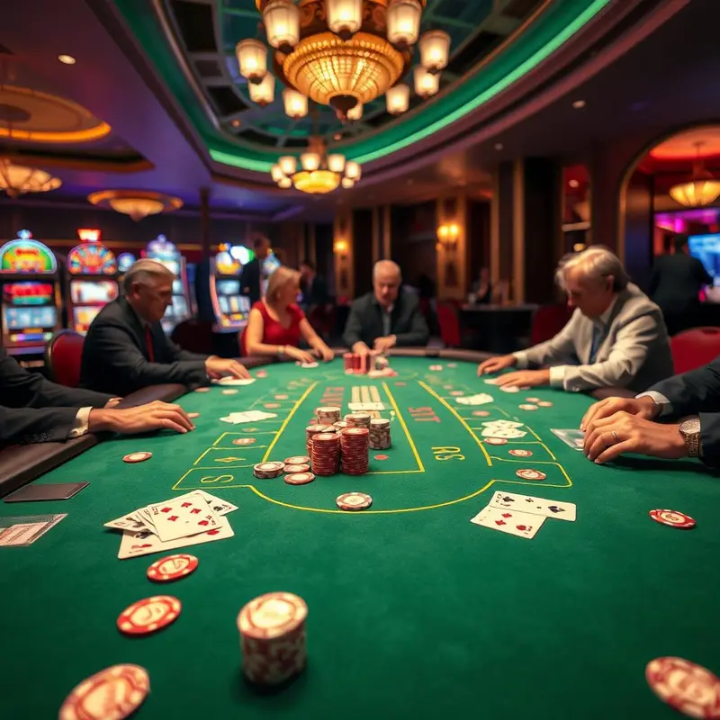 A vivid depiction of a blackjack game in progress, highlighting the core gameplay and atmosphere.