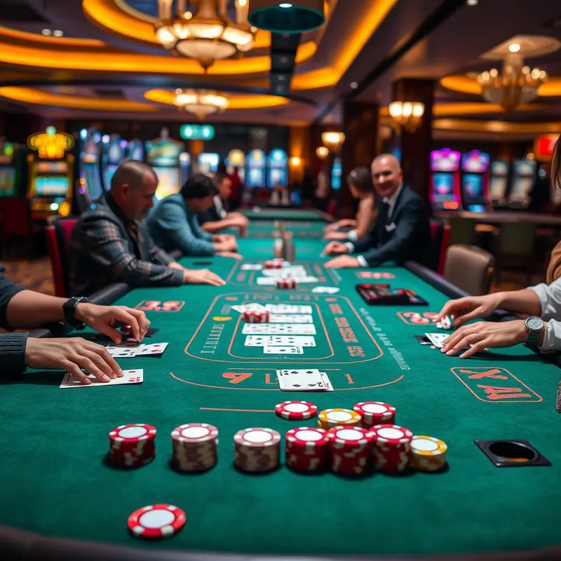 A vivid depiction of a blackjack game in progress, highlighting the core gameplay and atmosphere.