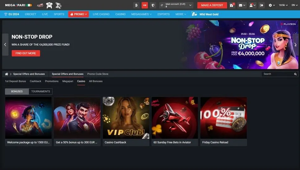 Megapari casino bonus page