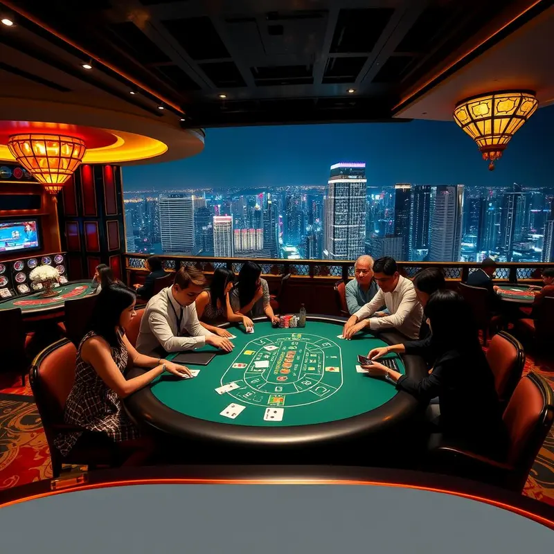 Asian players crowd around a blackjack table in a bustling Macau casino.