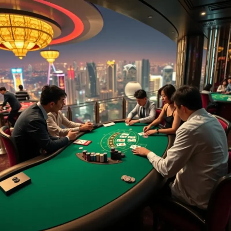 Asian players crowd around a blackjack table in a bustling Macau casino.