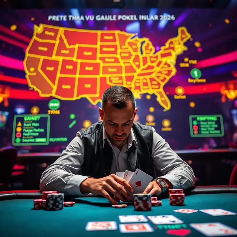 A digital poker game interface representing global and state-specific online poker platforms and regulations.