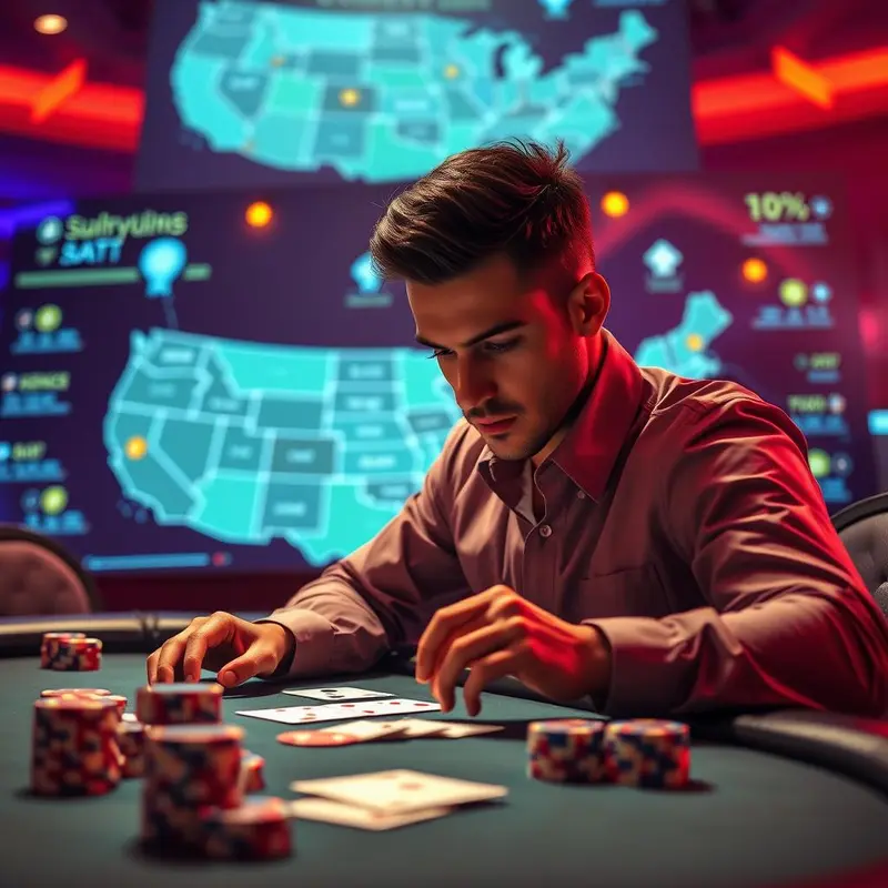 A digital poker game interface representing global and state-specific online poker platforms and regulations.