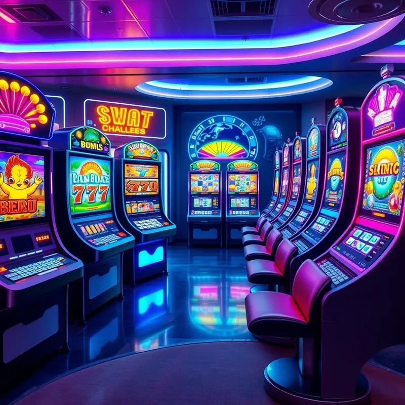 Illustration of multiple themed slot machines displaying key game features like bonus rounds and jackpots.