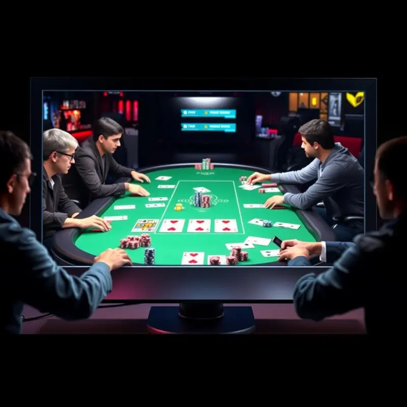 A player analyzing multiple online poker tables, focusing on opponent actions to detect virtual tells.
