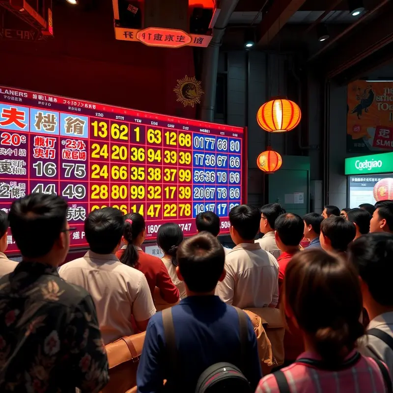 Thriving popularity of lotteries in Asian cities illustrated by illuminated ads and eager participants.