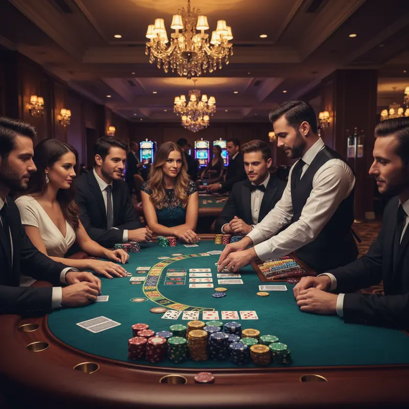 A casino table bustling with a Three Card Poker game, highlighting players intensely strategizing.
