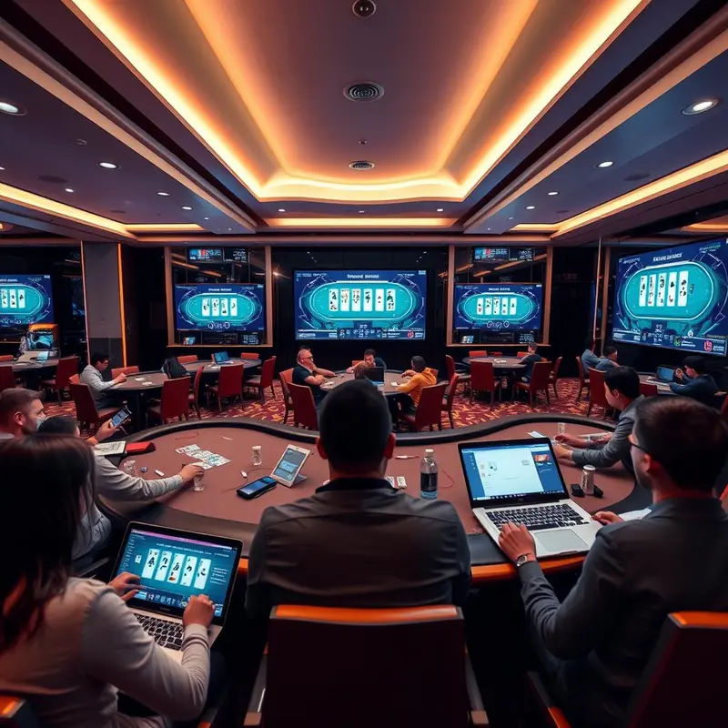 A professional poker player engaging with online poker software within a secure and regulated casino environment.