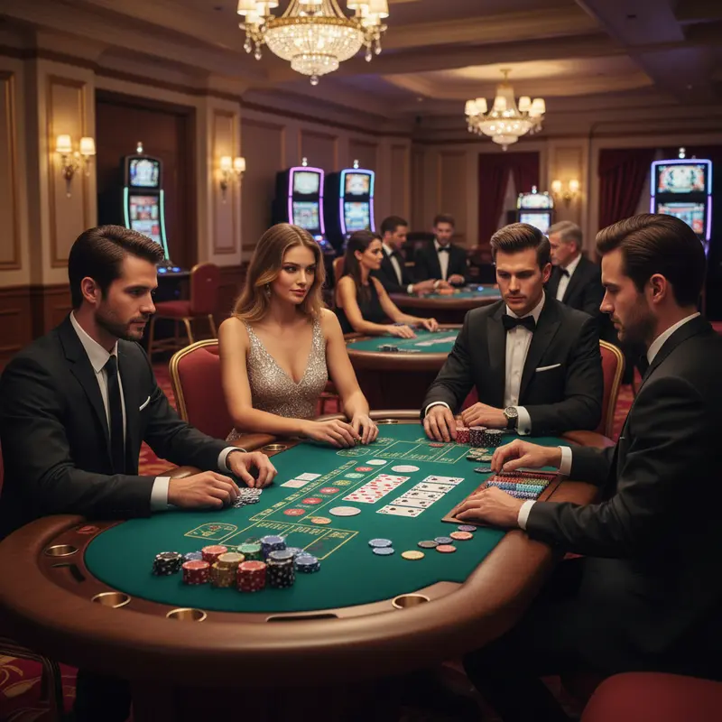 A casino table bustling with a Three Card Poker game, highlighting players intensely strategizing.
